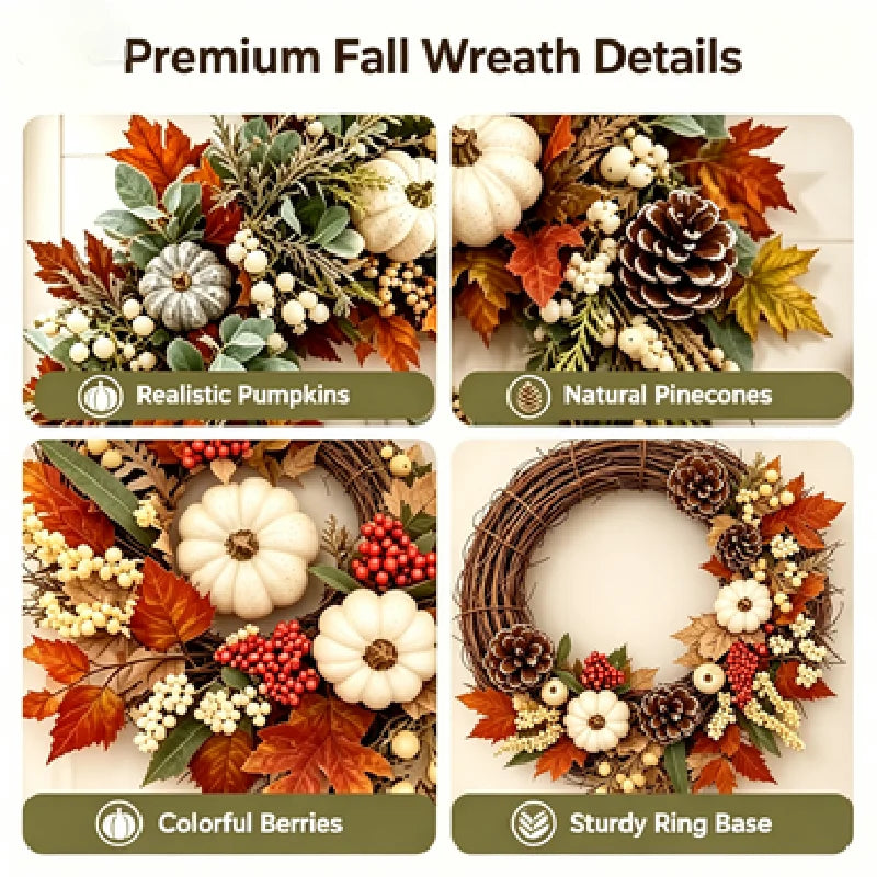 Thanksgiving Autumn Wreath With Pumpkins Pinecones Berries And Maple Leaves