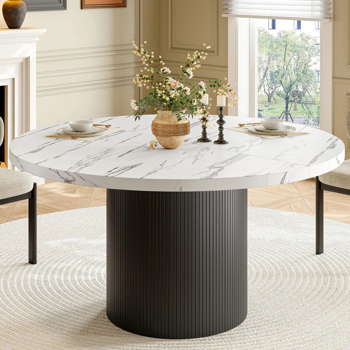 ONBRILL Modern Fluted Wood Round Dining Table For Kitchen