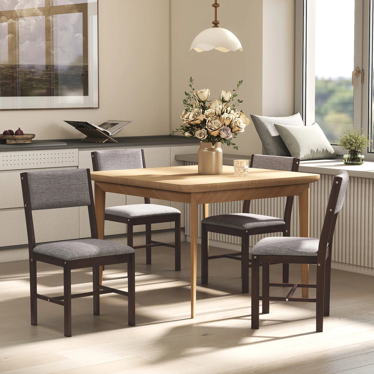 HOMCOM Rubberwood Linen Upholstered Dining Chair Set
