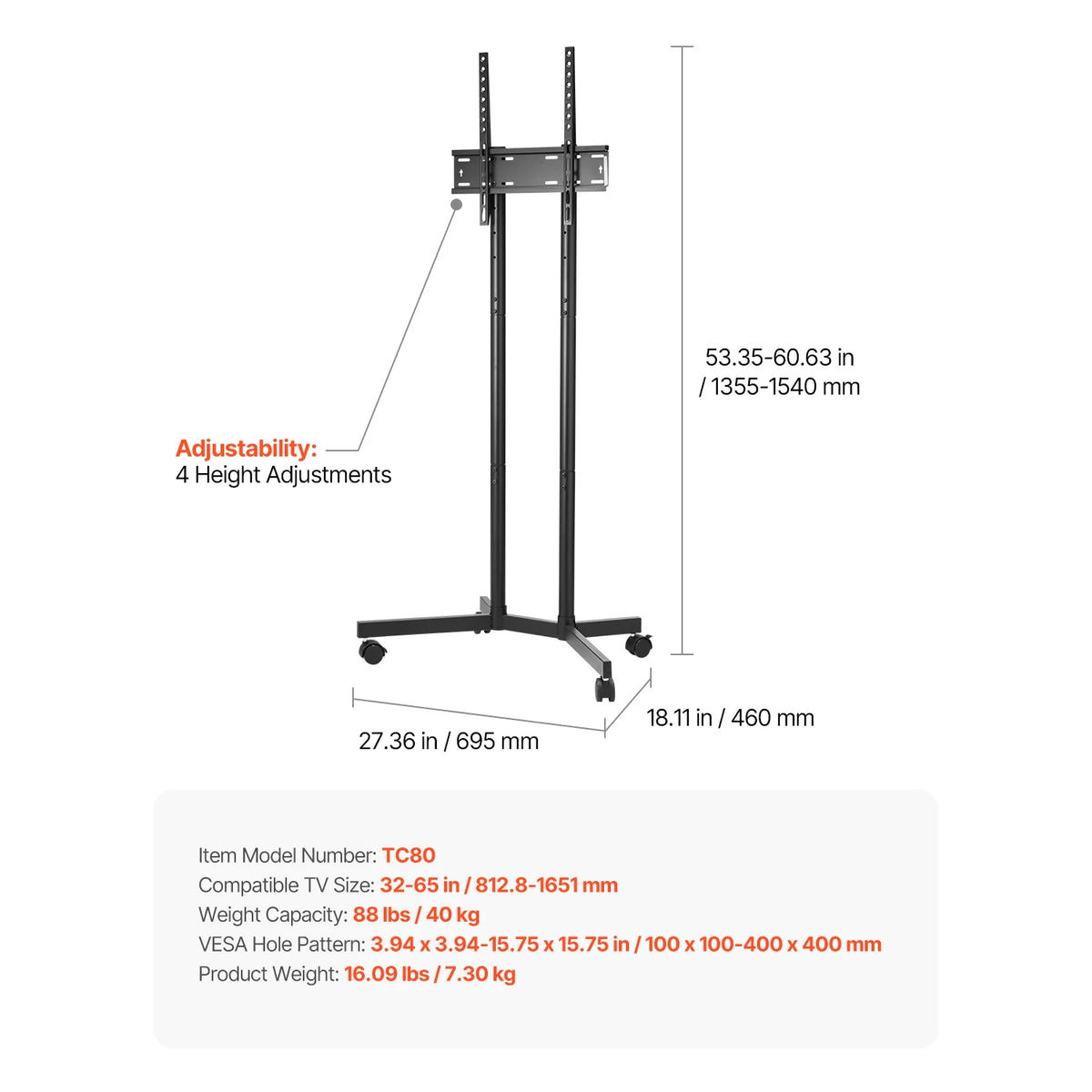 SucceBuy Rolling TV Stand With Wheels For Home And Office