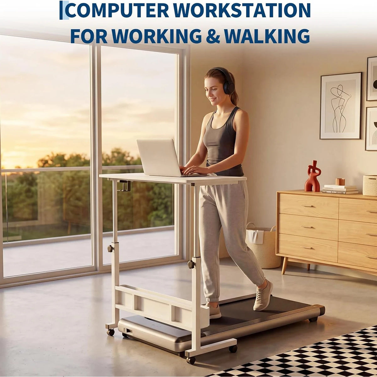 HiMISS Adjustable Standing Desk With Rolling Storage Shelves