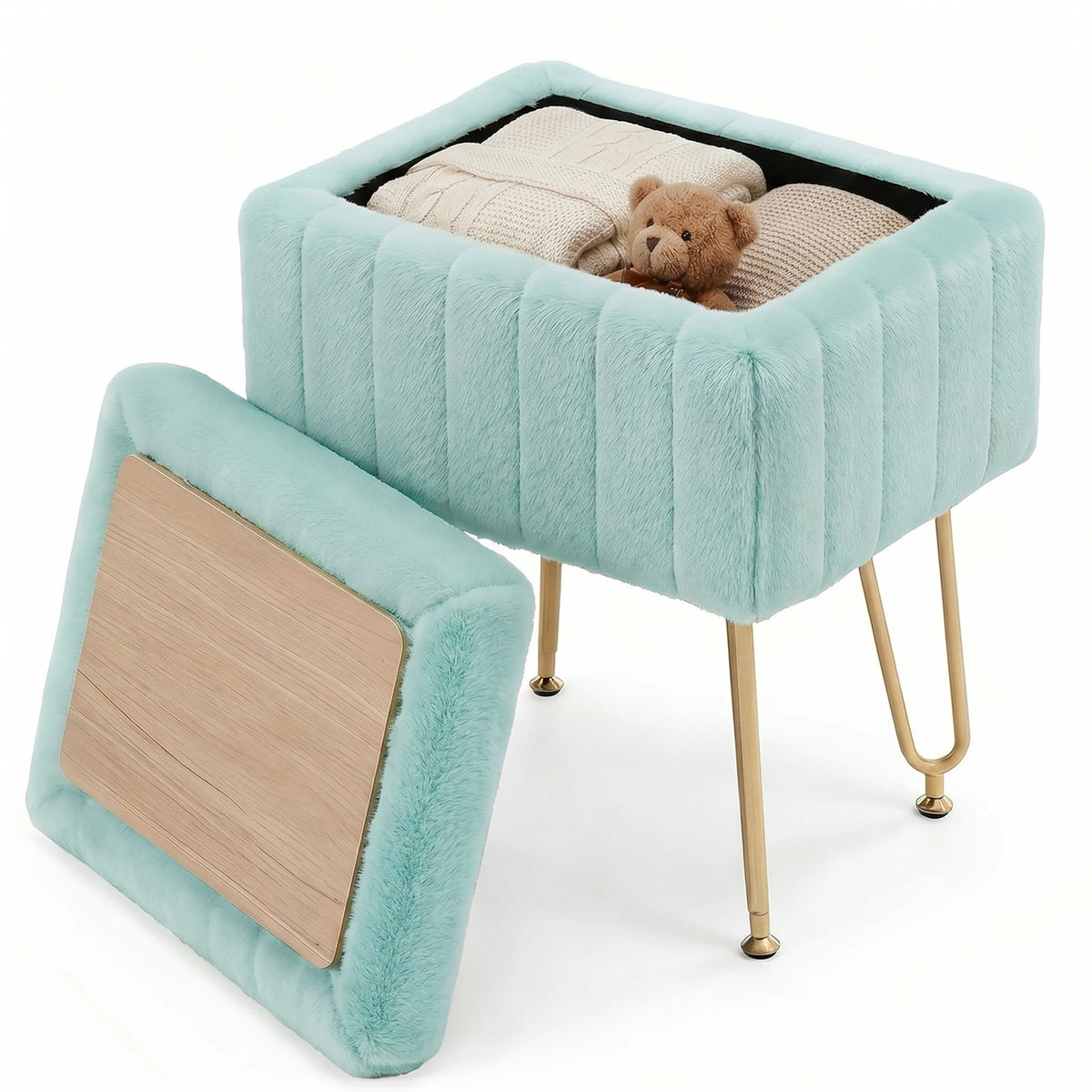 MCQ Faux Fur Ottoman Footrest Stool With Metal Legs