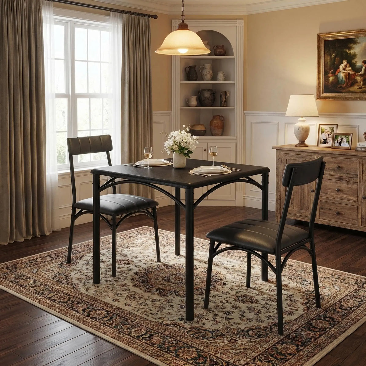 Modern Three Piece Dining Table Set With Metal Chairs