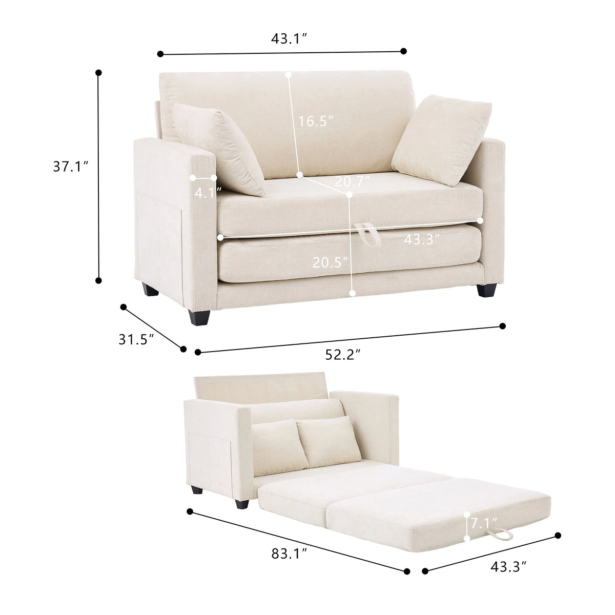 GAOHAPY Loveseat Sleeper Sofa Bed Modern Fabric Pull Out Solid Wood Frame