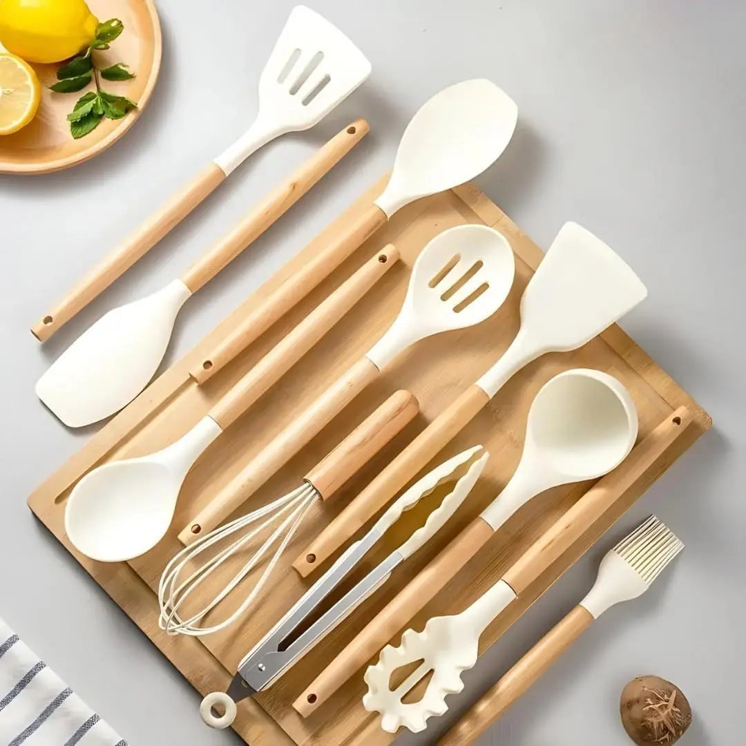 Premium Food Grade Silicone Kitchen Utensil Set With Wooden Handles