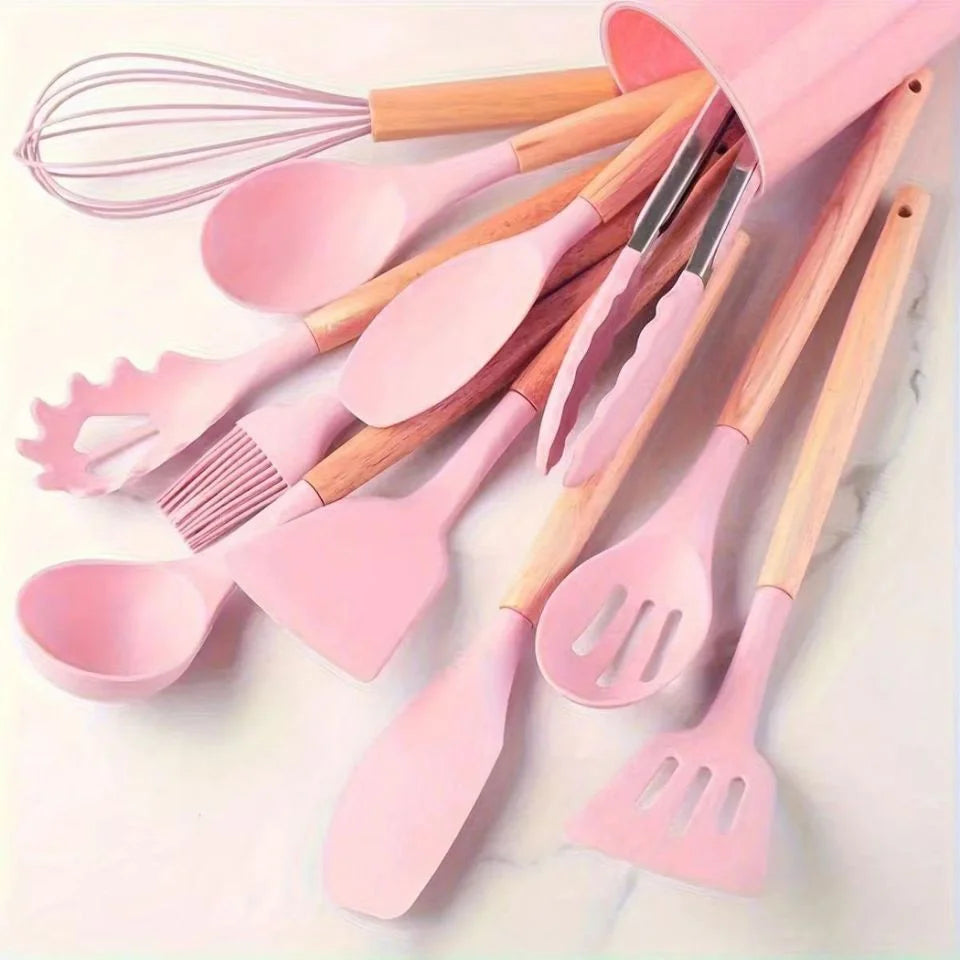 Premium Food Grade Silicone Kitchen Utensil Set With Wooden Handles