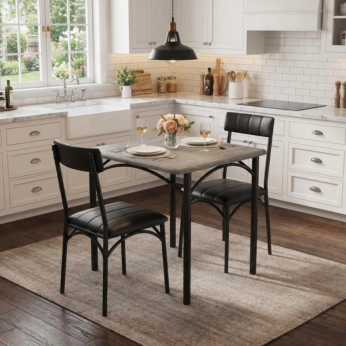 Modern Three Piece Dining Table Set With Metal Chairs