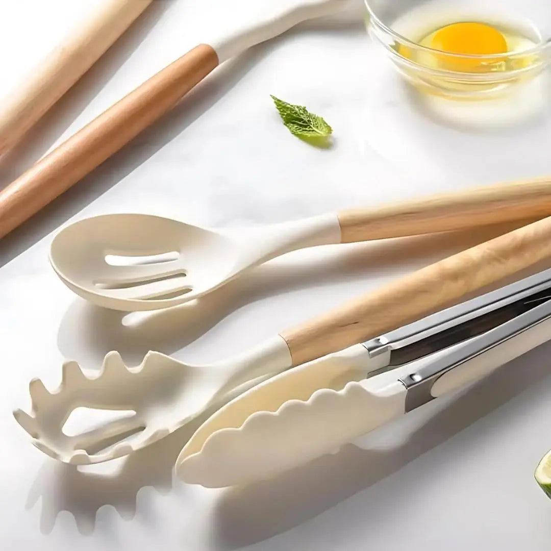 Premium Food Grade Silicone Kitchen Utensil Set With Wooden Handles