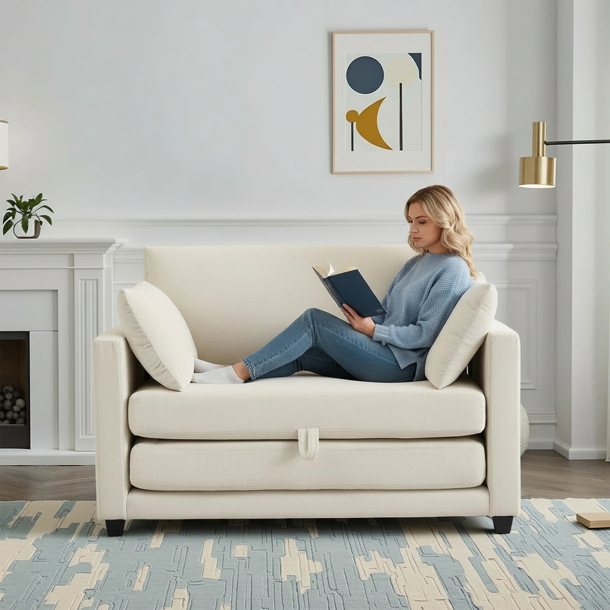 GAOHAPY Loveseat Sleeper Sofa Bed Modern Fabric Pull Out Solid Wood Frame