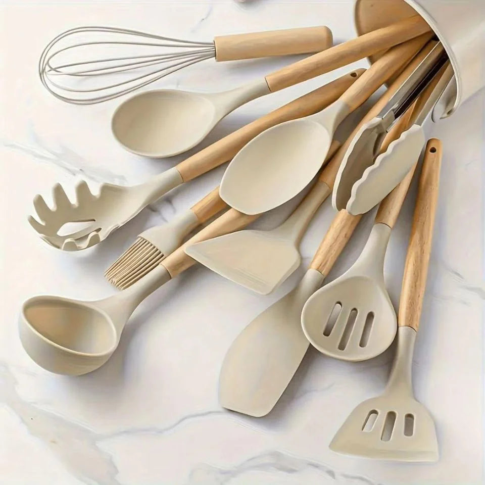 Premium Food Grade Silicone Kitchen Utensil Set With Wooden Handles