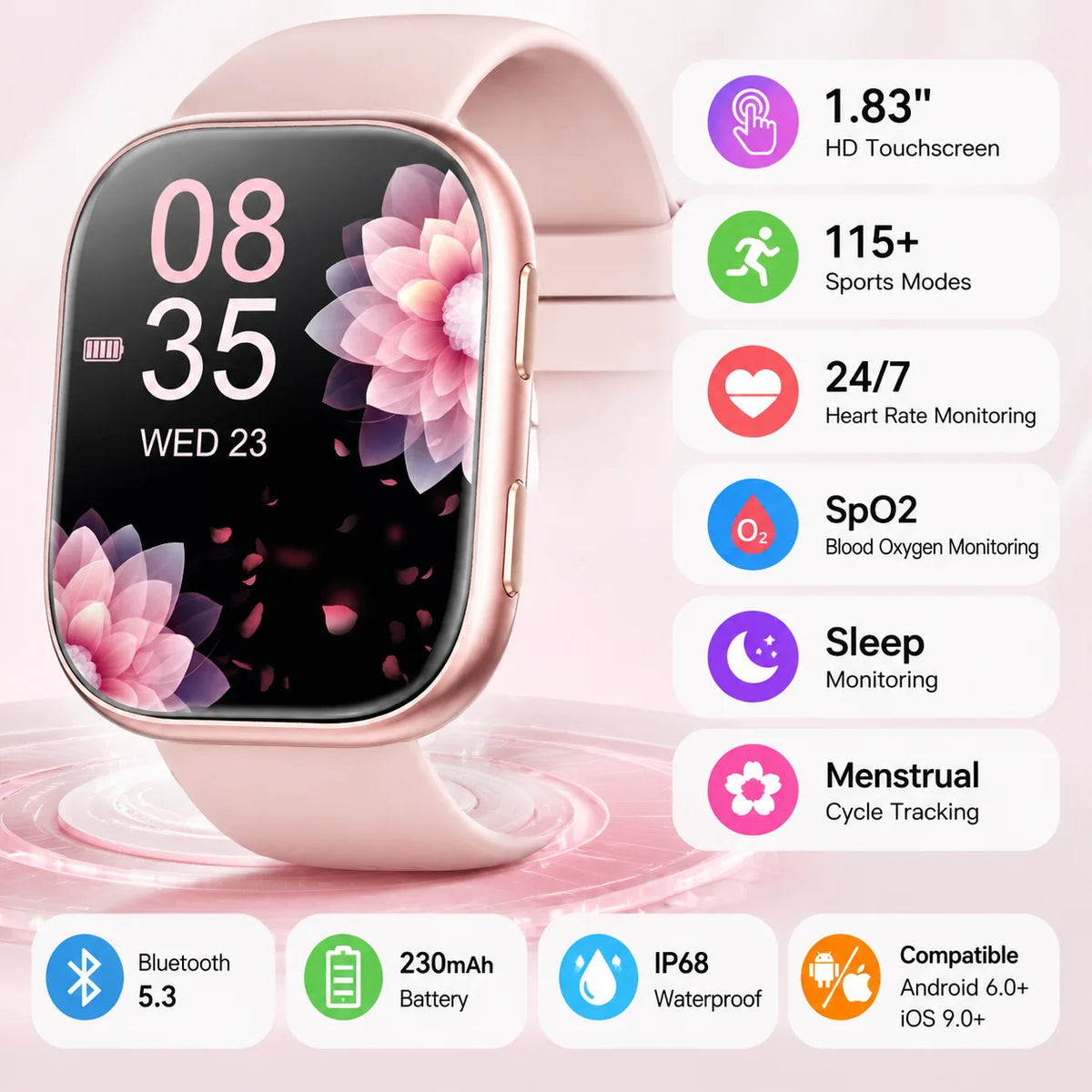 Smartwatch Fitness Tracker With Heart Rate Sleep And Cycle Monitoring
