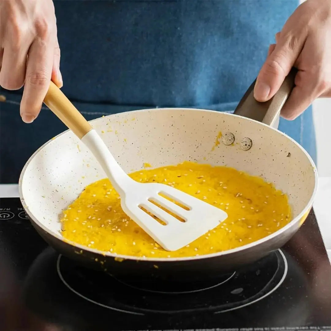 Premium Food Grade Silicone Kitchen Utensil Set With Wooden Handles