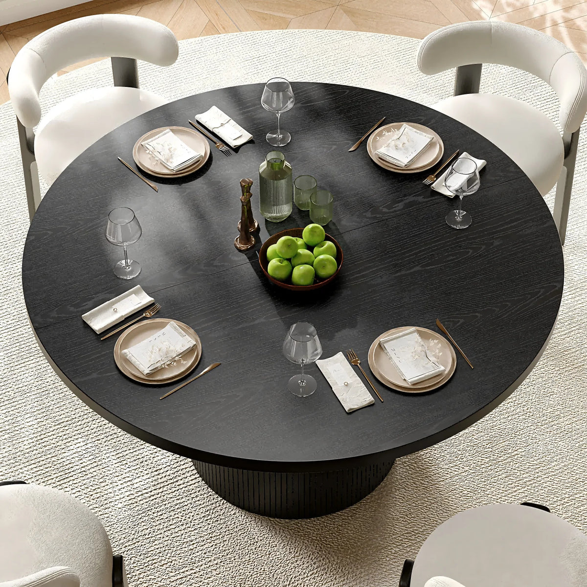 ONBRILL Modern Fluted Wood Round Dining Table For Kitchen