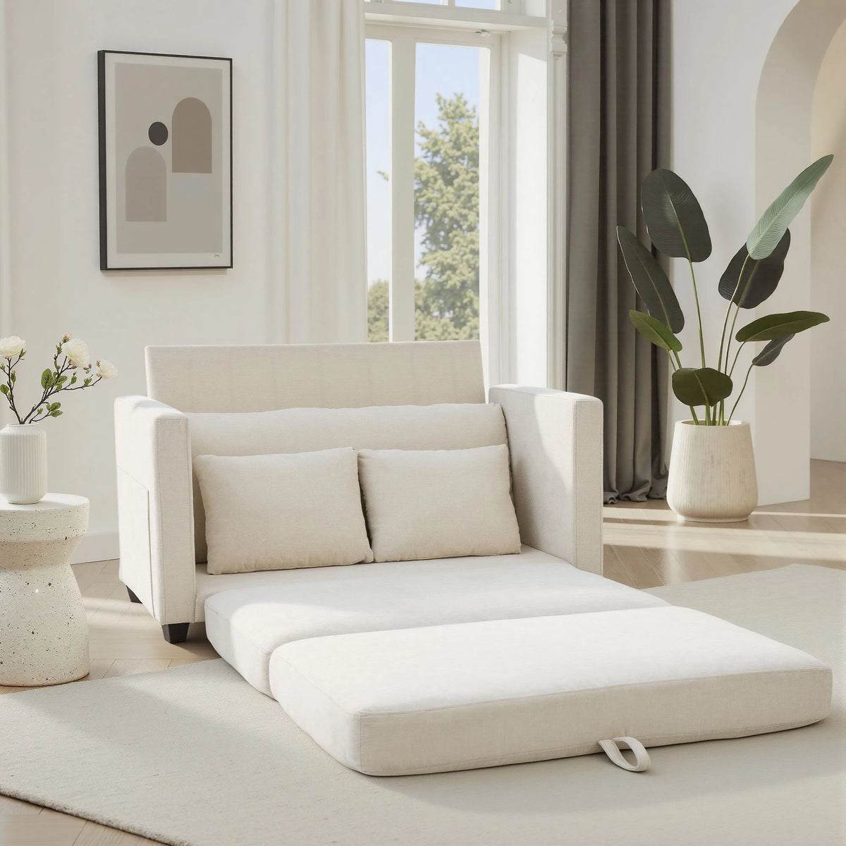 GAOHAPY Loveseat Sleeper Sofa Bed Modern Fabric Pull Out Solid Wood Frame