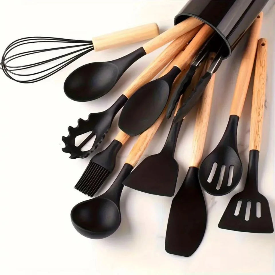 Premium Food Grade Silicone Kitchen Utensil Set With Wooden Handles