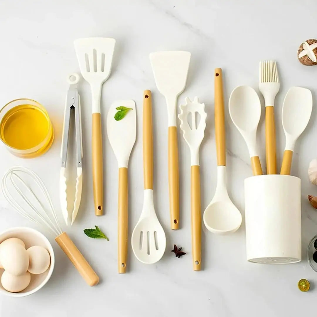 Premium Food Grade Silicone Kitchen Utensil Set With Wooden Handles