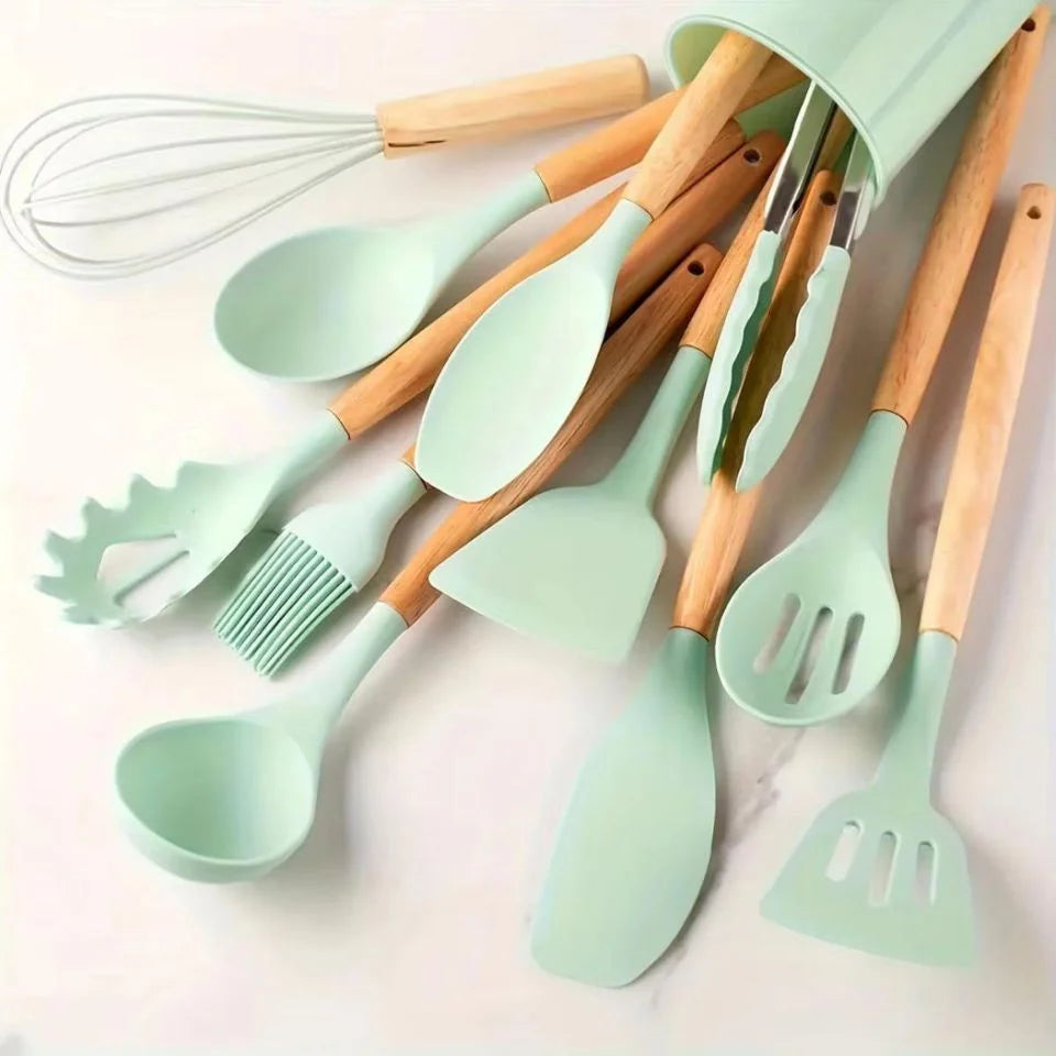 Premium Food Grade Silicone Kitchen Utensil Set With Wooden Handles