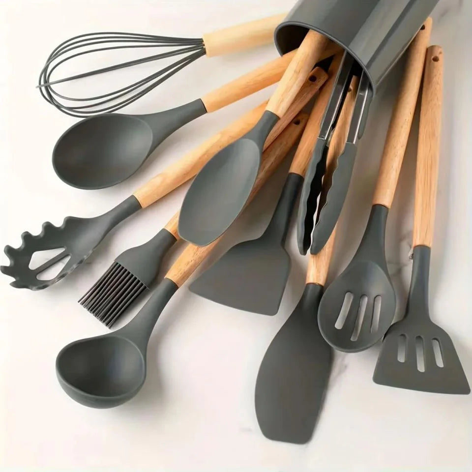 Premium Food Grade Silicone Kitchen Utensil Set With Wooden Handles