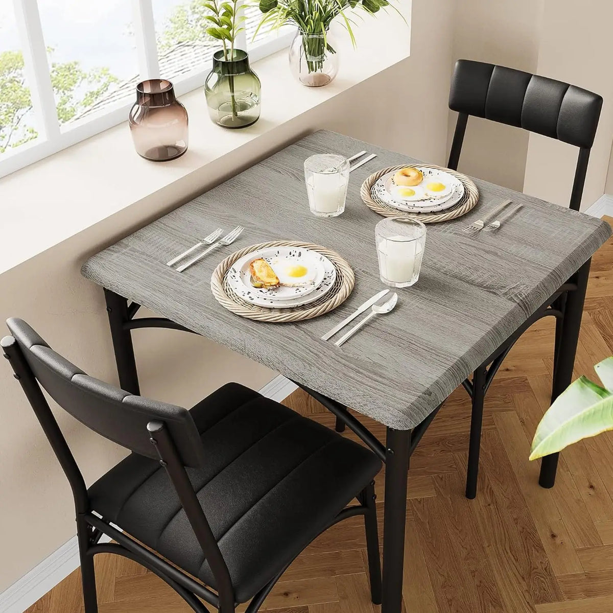 Modern Three Piece Dining Table Set With Metal Chairs