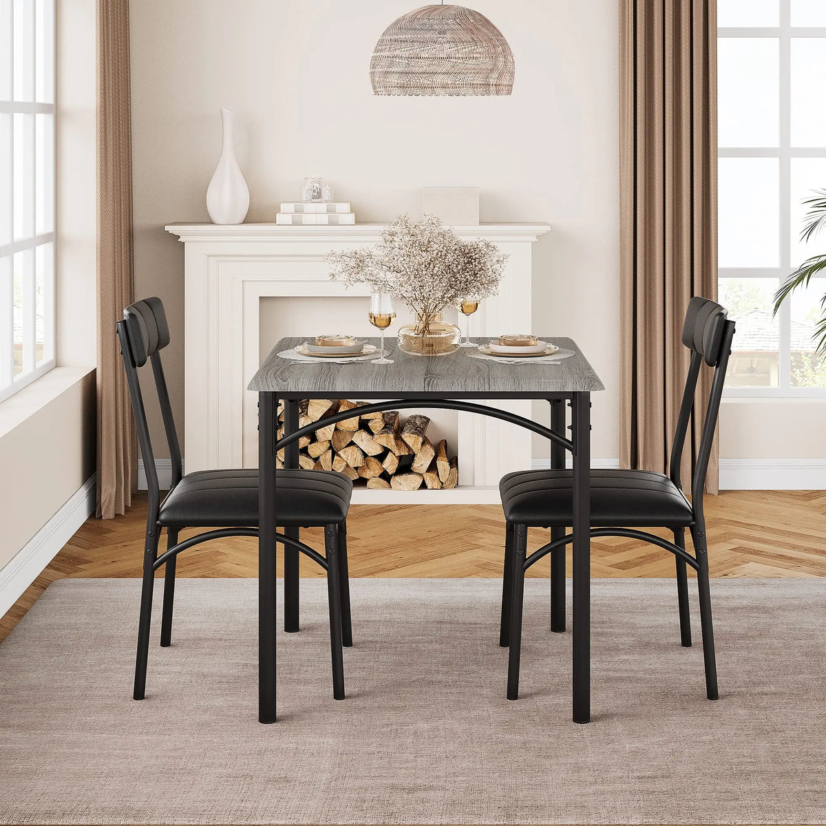 Modern Three Piece Dining Table Set With Metal Chairs