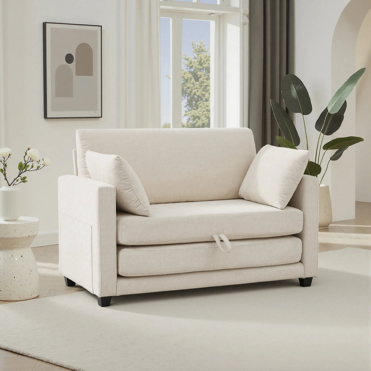 GAOHAPY Loveseat Sleeper Sofa Bed Modern Fabric Pull Out Solid Wood Frame