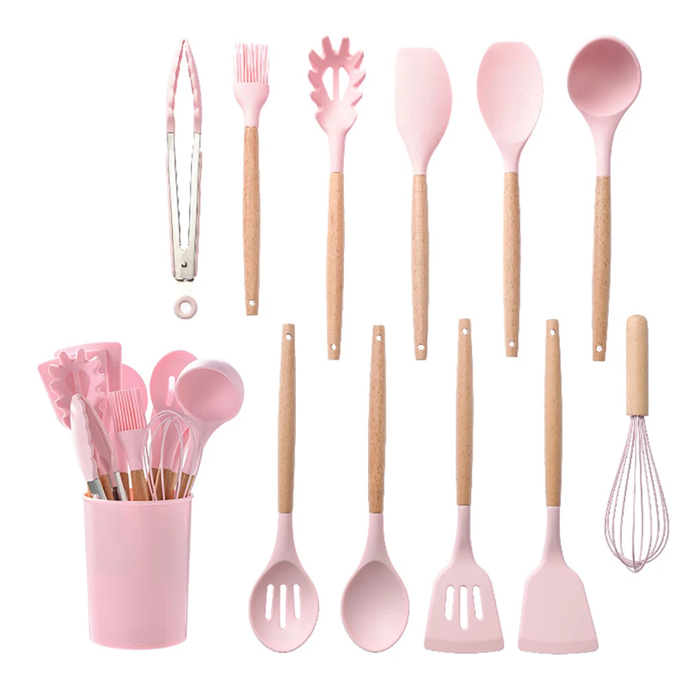 Silicone Kitchen Cooking Utensil Set With Wooden Handles