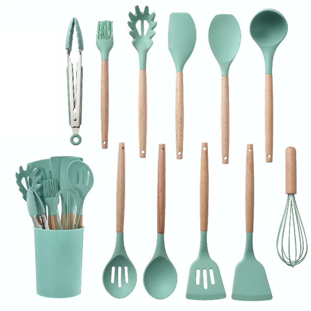 Silicone Kitchen Cooking Utensil Set With Wooden Handles