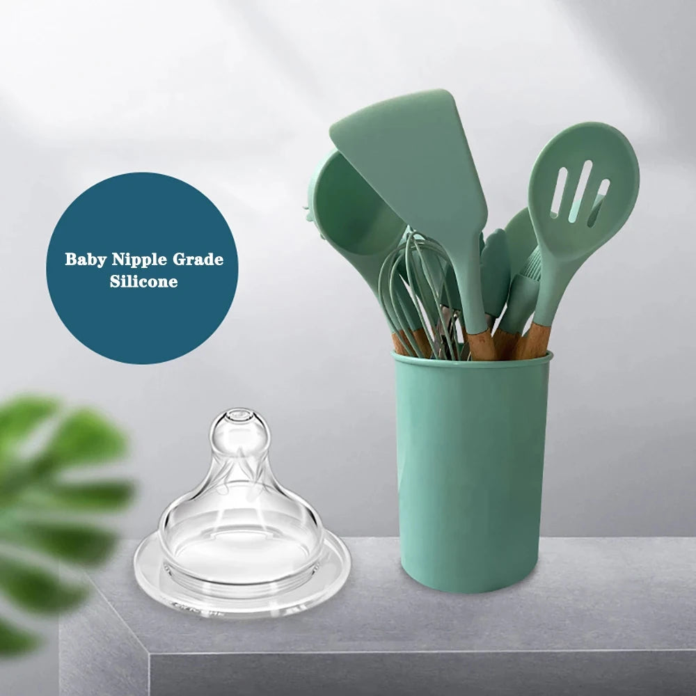 Silicone Kitchen Cooking Utensil Set With Wooden Handles