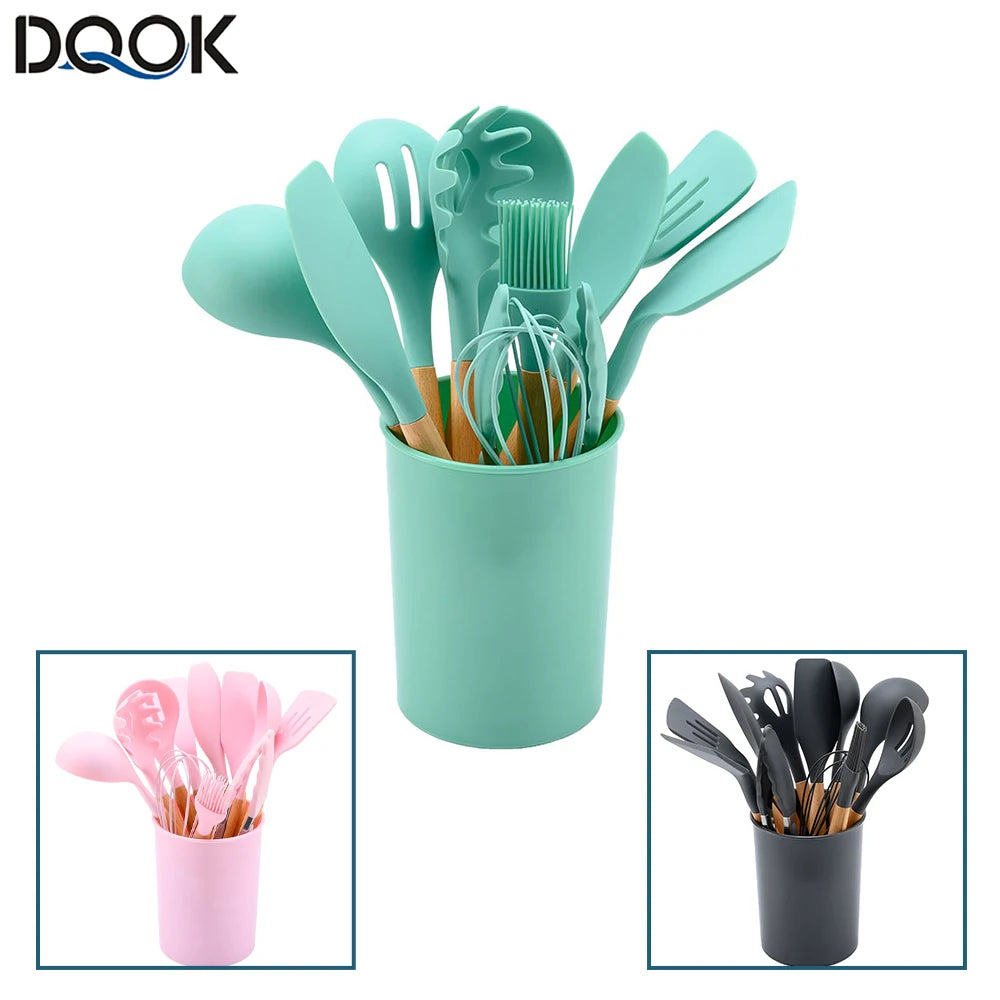 Silicone Kitchen Cooking Utensil Set With Wooden Handles