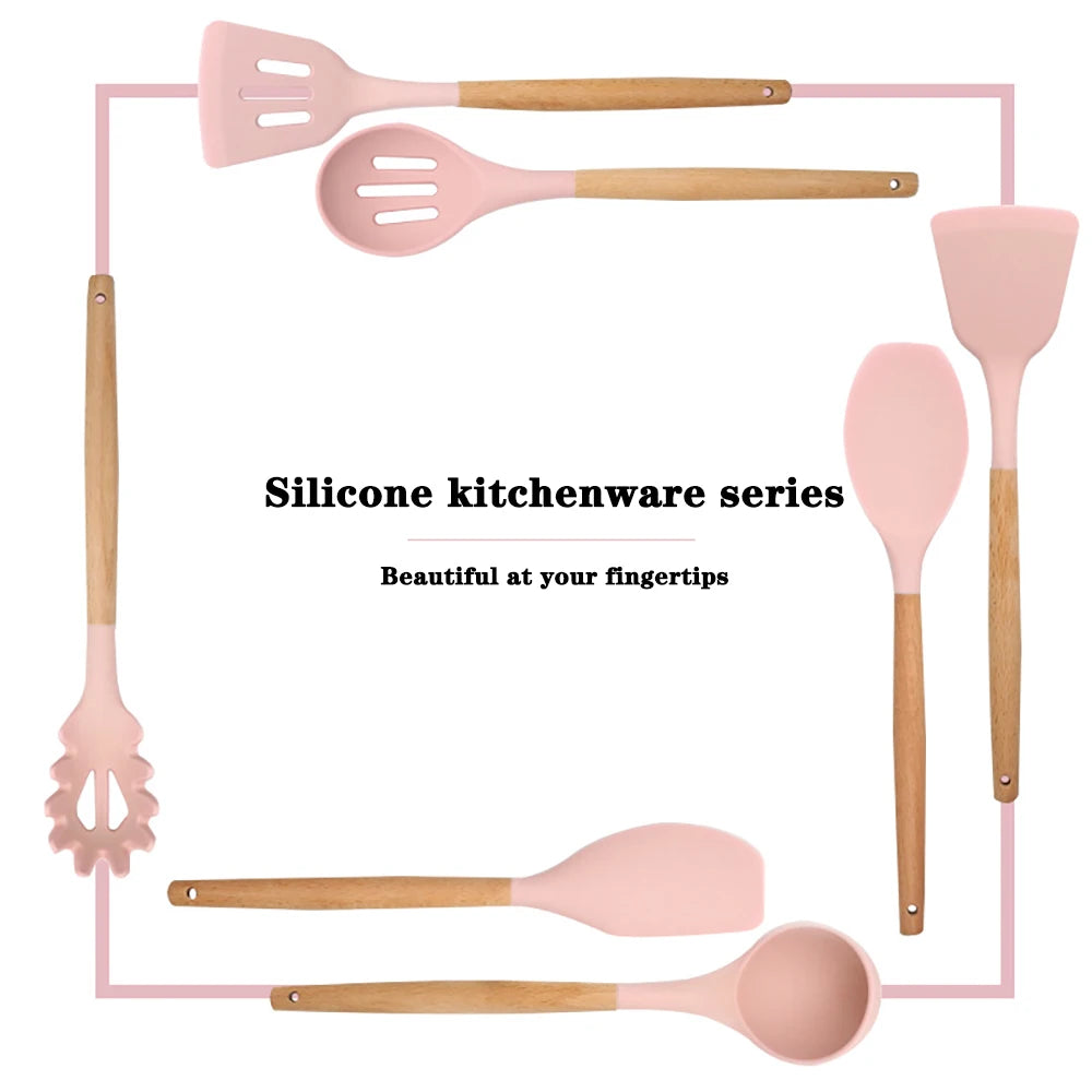 Silicone Kitchen Cooking Utensil Set With Wooden Handles