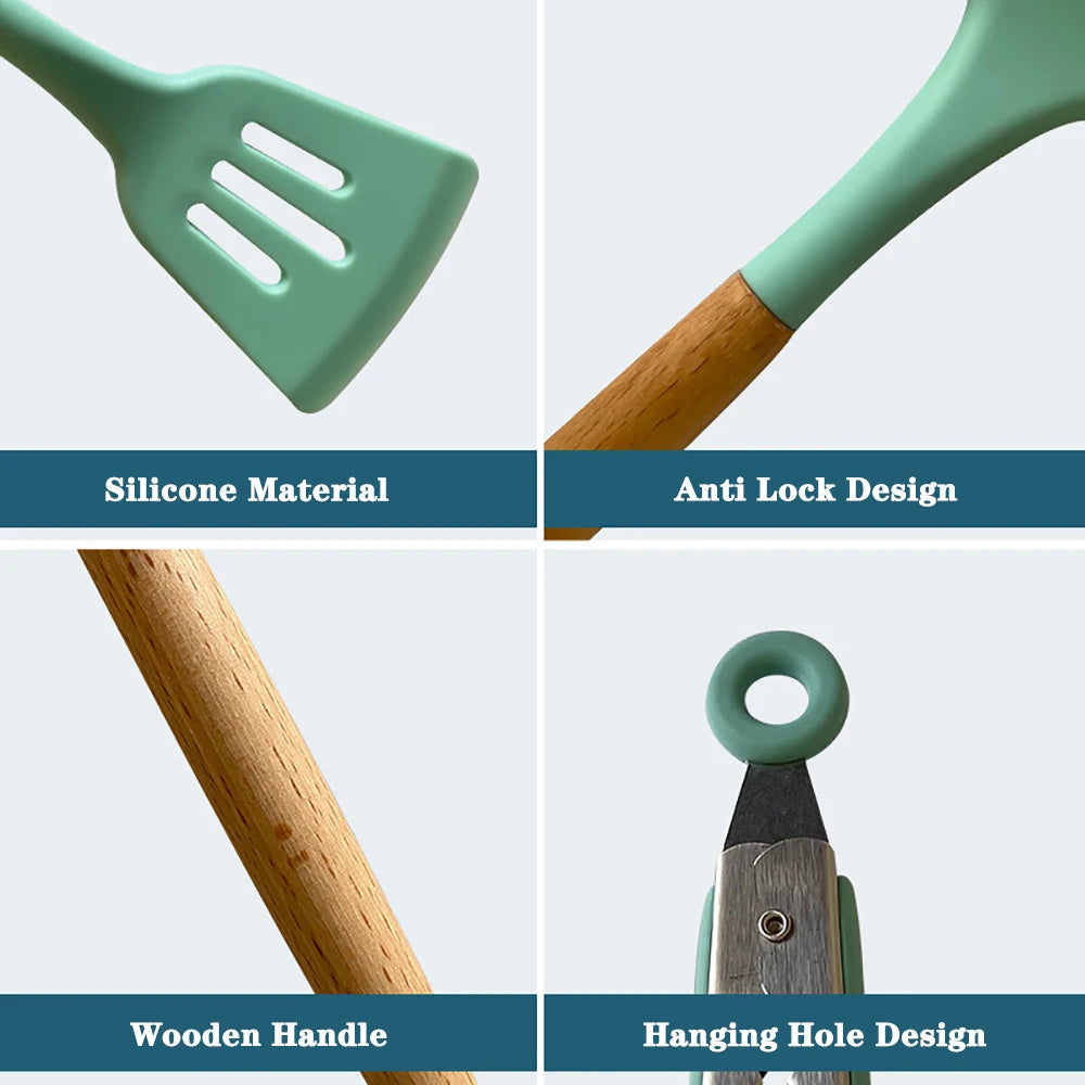 Silicone Kitchen Cooking Utensil Set With Wooden Handles
