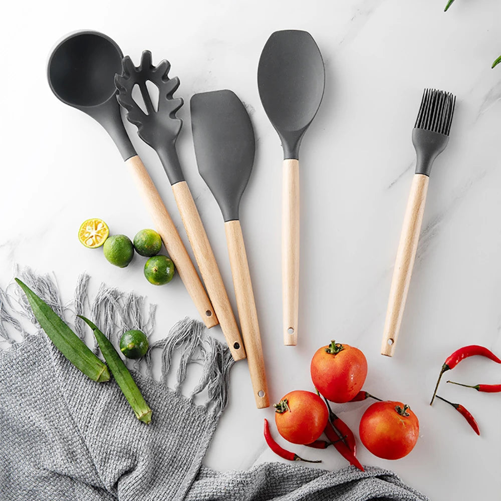 Silicone Kitchen Cooking Utensil Set With Wooden Handles