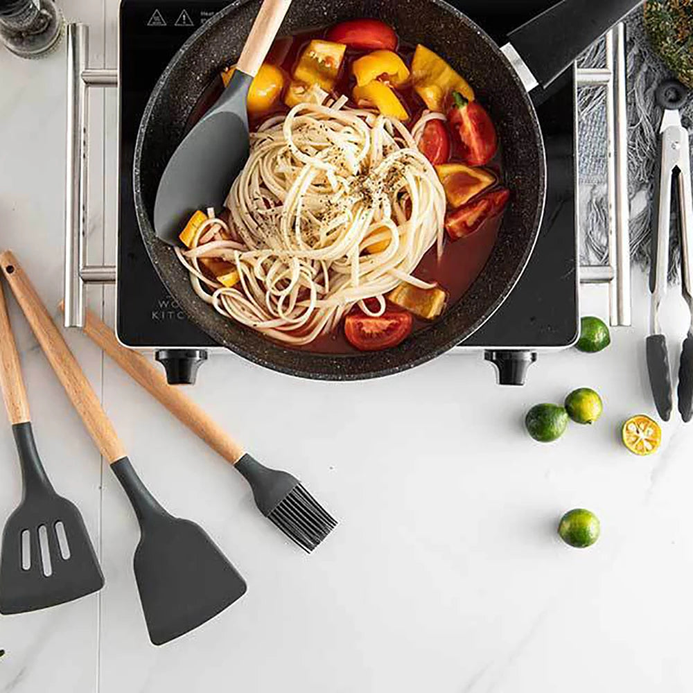 Silicone Kitchen Cooking Utensil Set With Wooden Handles