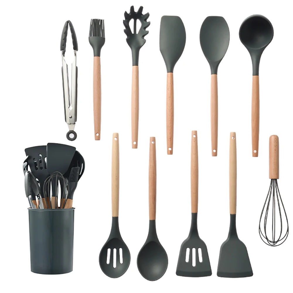 Silicone Kitchen Cooking Utensil Set With Wooden Handles