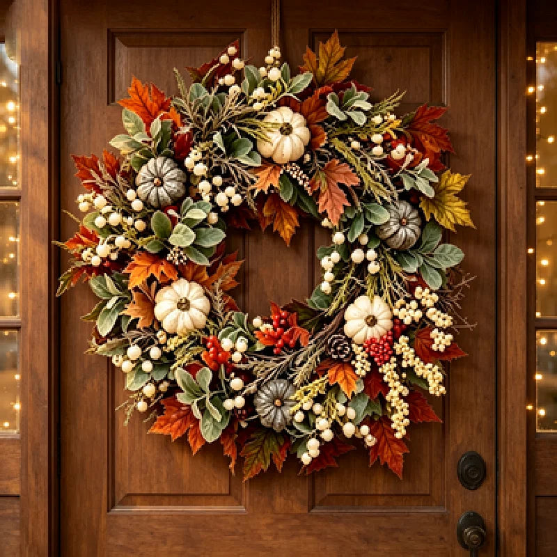 Thanksgiving Autumn Wreath With Pumpkins Pinecones Berries And Maple Leaves
