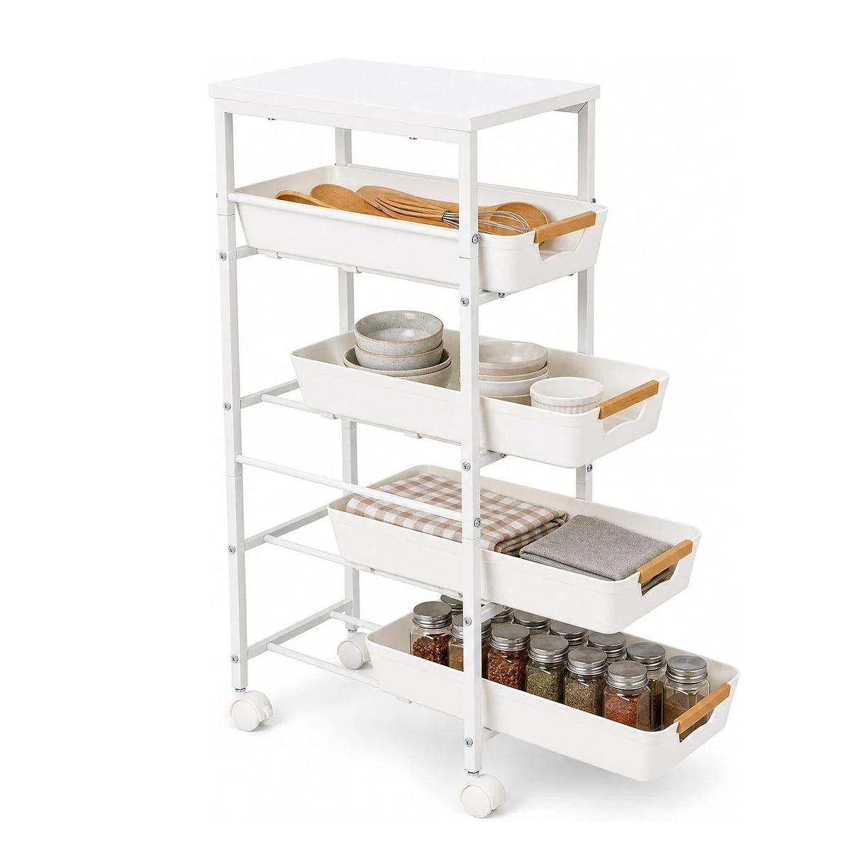 HiMiss 5 Tier Rolling Storage Cart With Wooden Top Rack