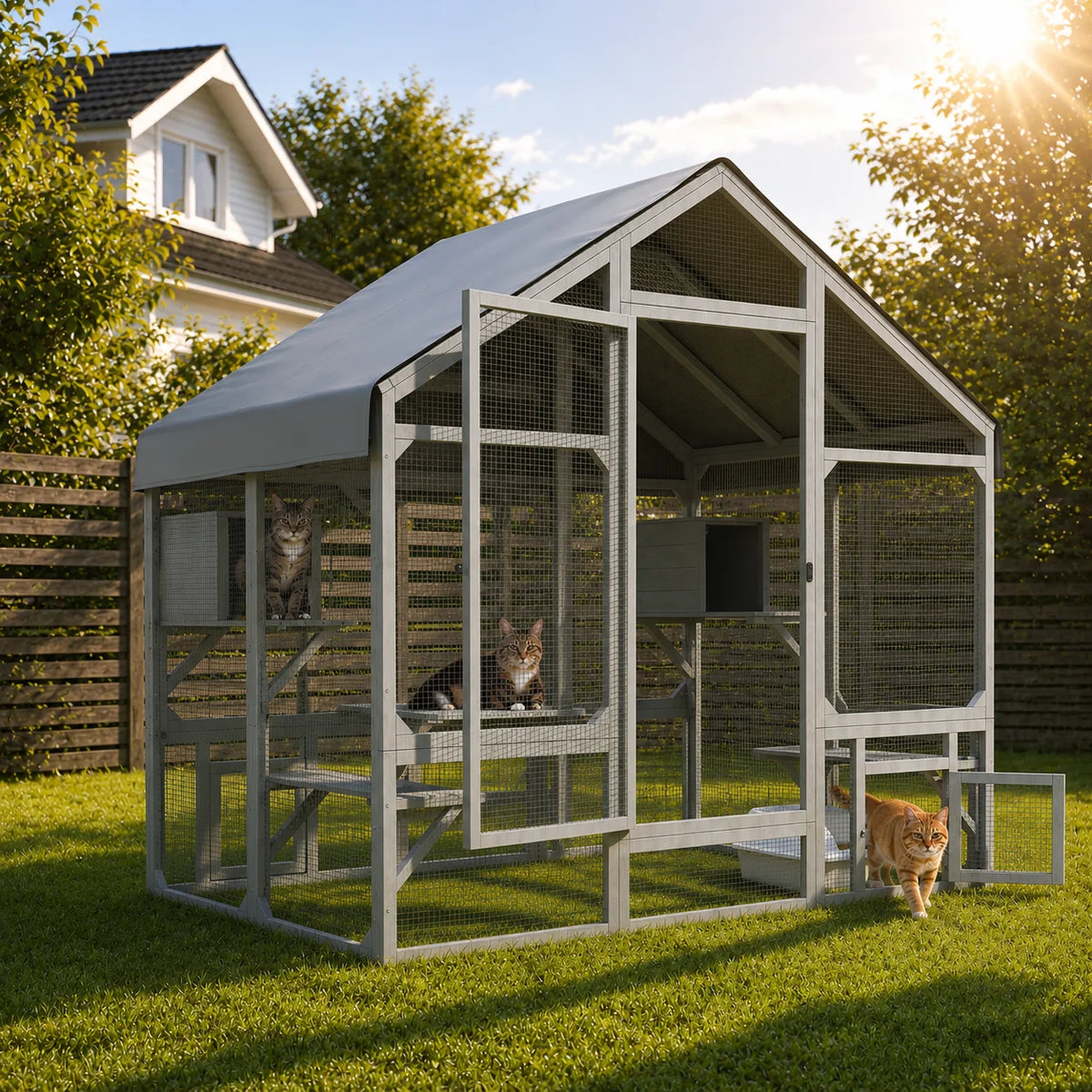 Outdoor Walk In Cat Catio Featuring Waterproof Cover And Platforms