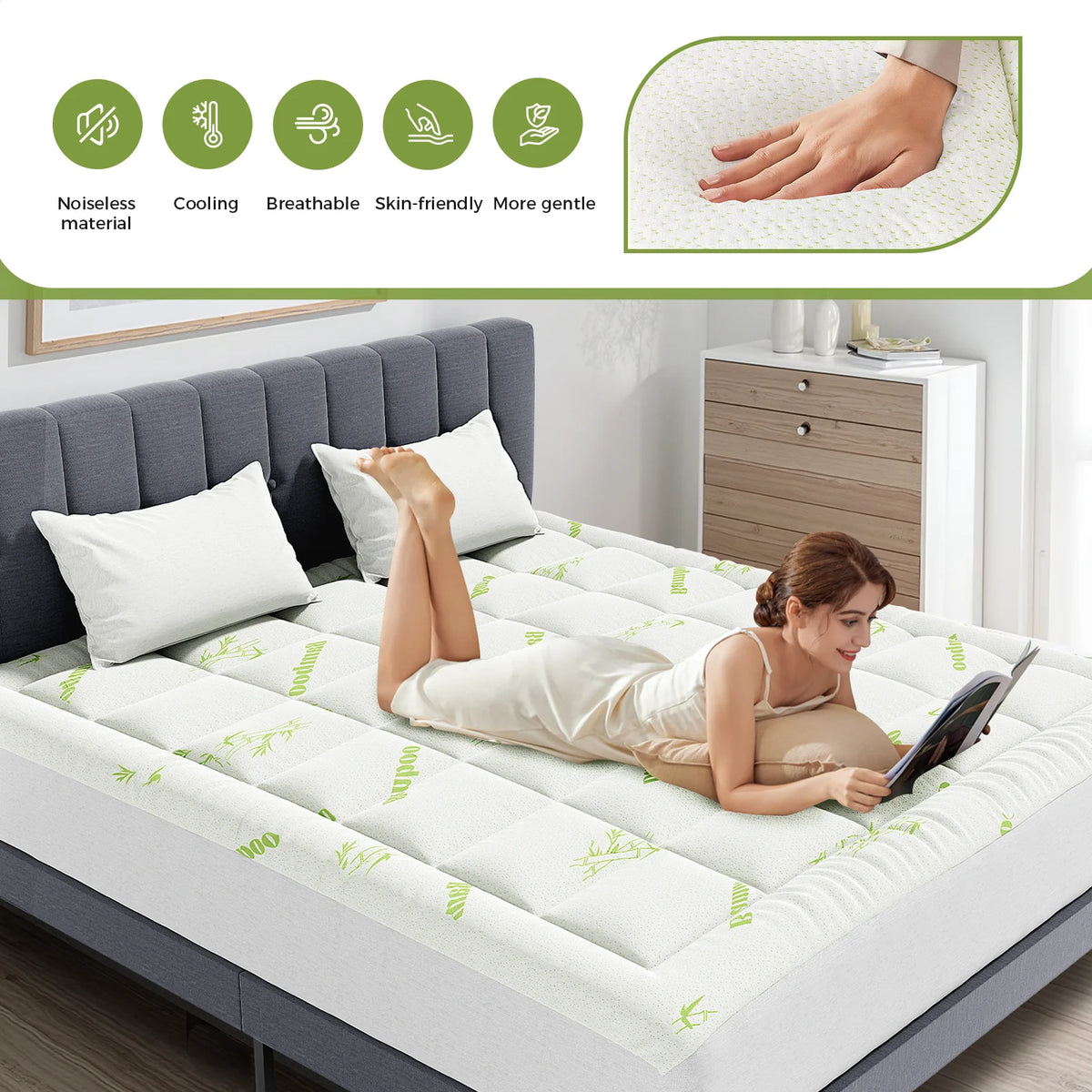 JHK Bamboo Fiber Mattress Topper With Cooling Breathable Comfort