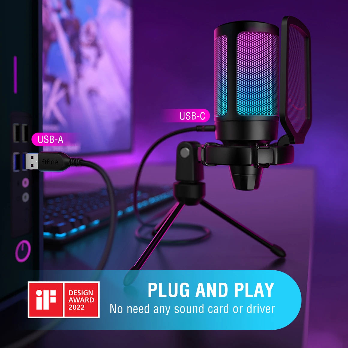 FIFINE AmpliGame USB Gaming Microphone Pop Filter Shock Mount