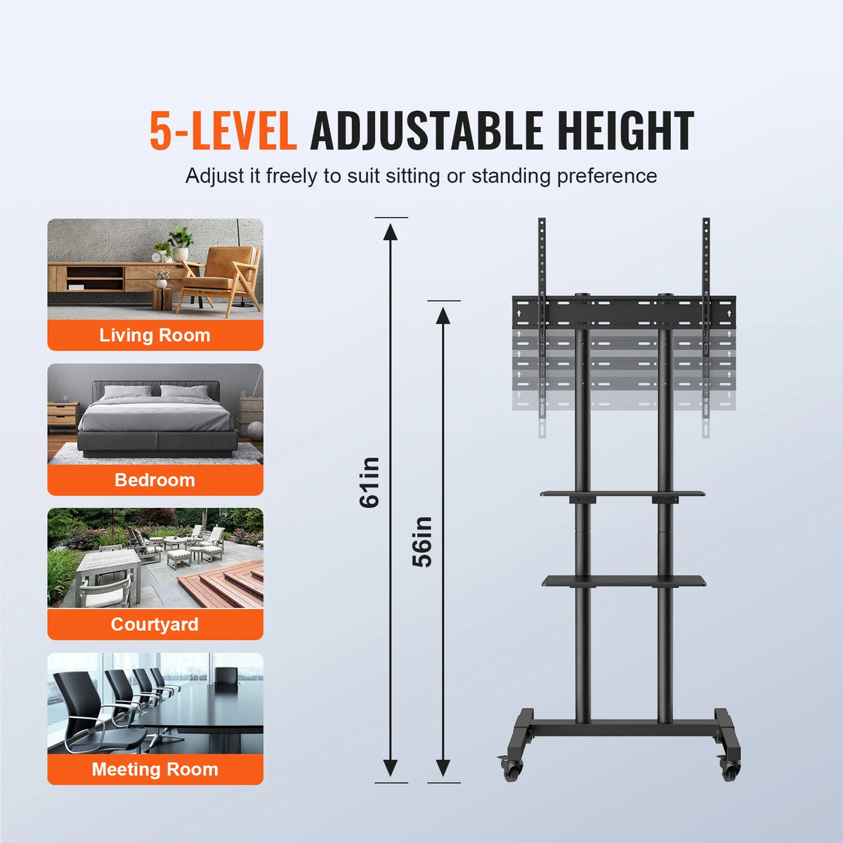 SucceBuy Height Adjustable Rolling TV Stand With Double Storage Tray