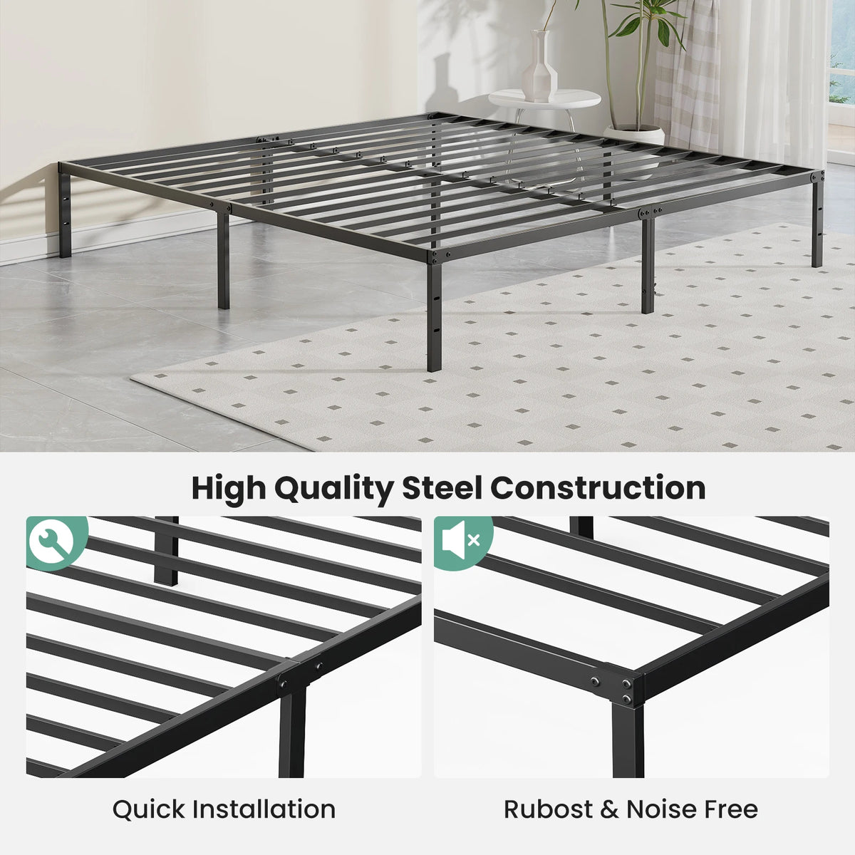 JHK Sturdy Metal Platform Bed Frame With Steel Slat Support