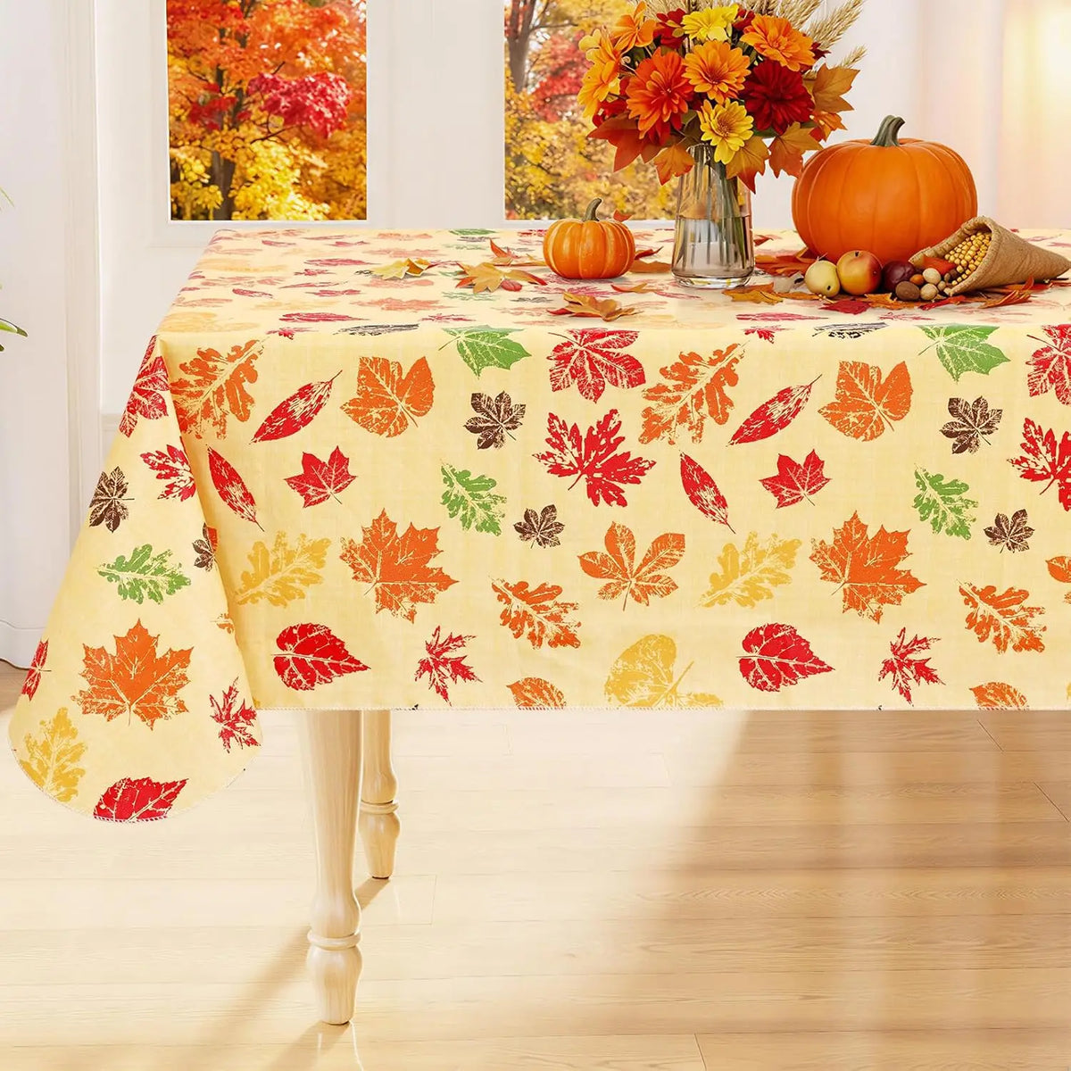 Waterproof PVC Fitted Tablecloth With Floral Pumpkin Christmas Pattern