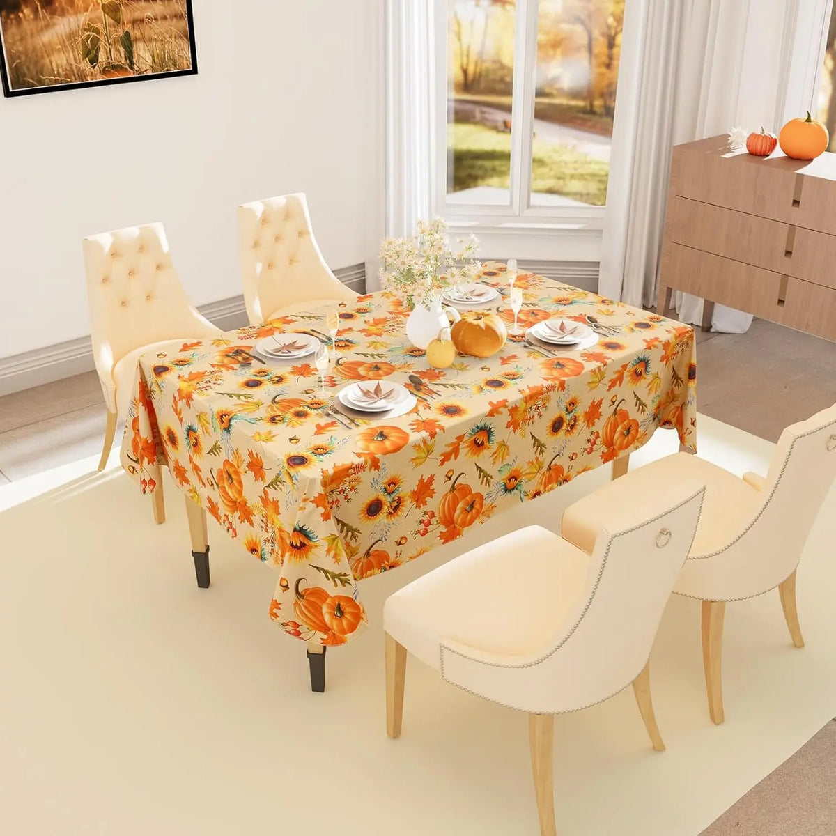 Waterproof PVC Fitted Tablecloth With Floral Pumpkin Christmas Pattern