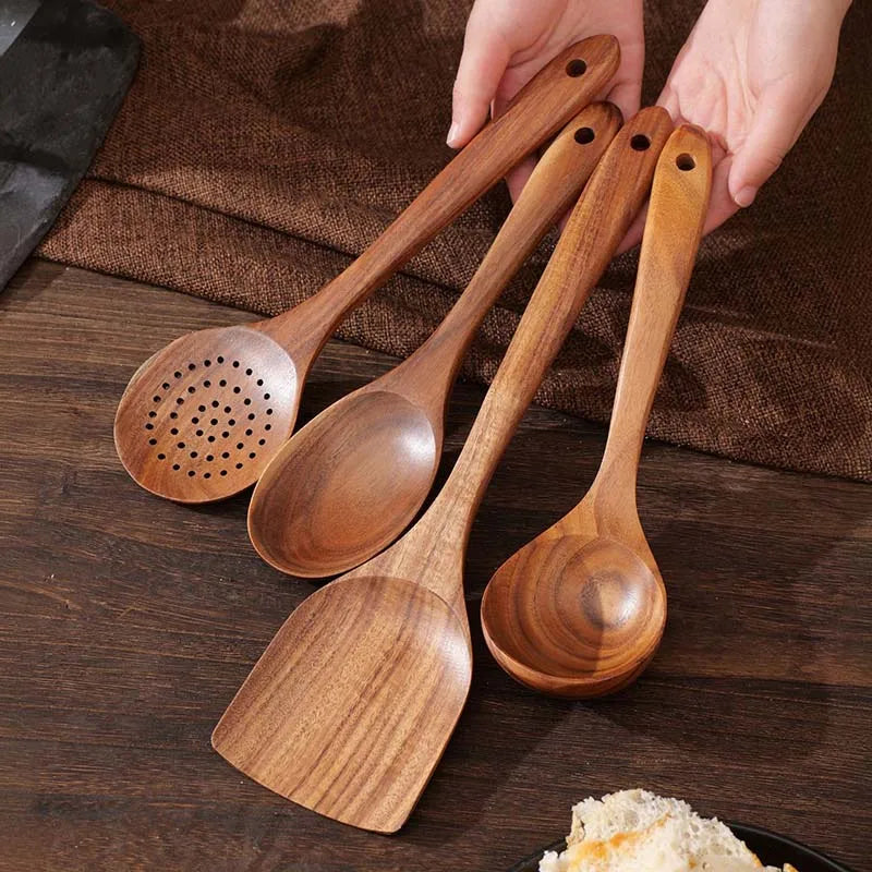 Luxury Teak Wood Kitchen Utensil Set Cooking Spoons Server Scraper