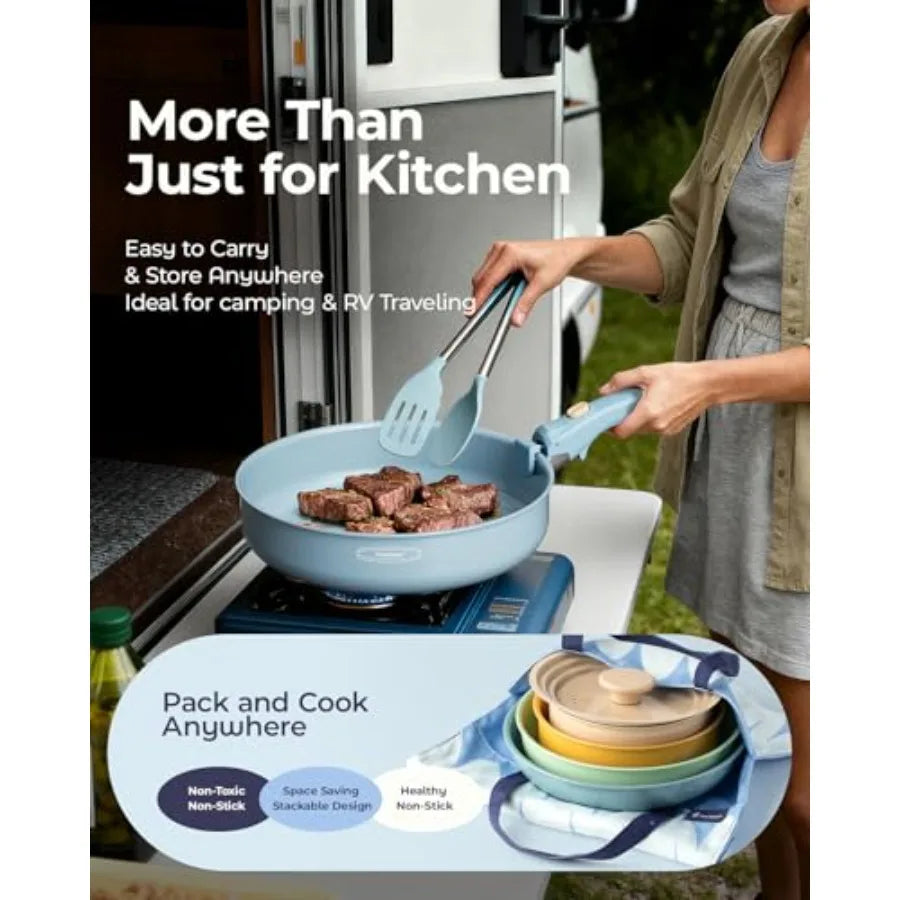 Ceramic Nonstick Cookware Set With Detachable Handle And Storage Bag