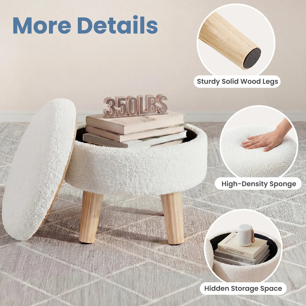JHK Velvet Storage Ottoman With Padded Seat And Wood Legs