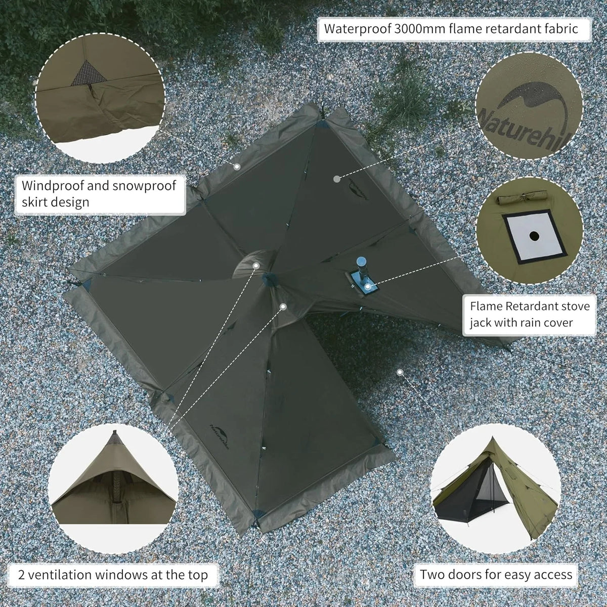 Naturehike Double Layer Chimney Camping Tent With Flame Retardant Tipi