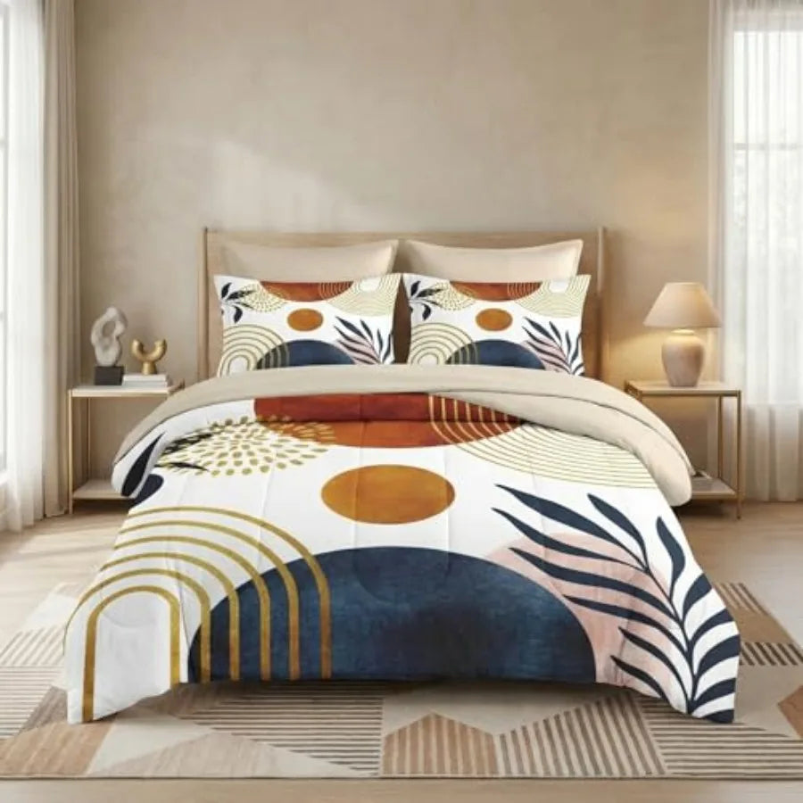 Mid Century Modern Comforter Set With Sun Leaf Pattern