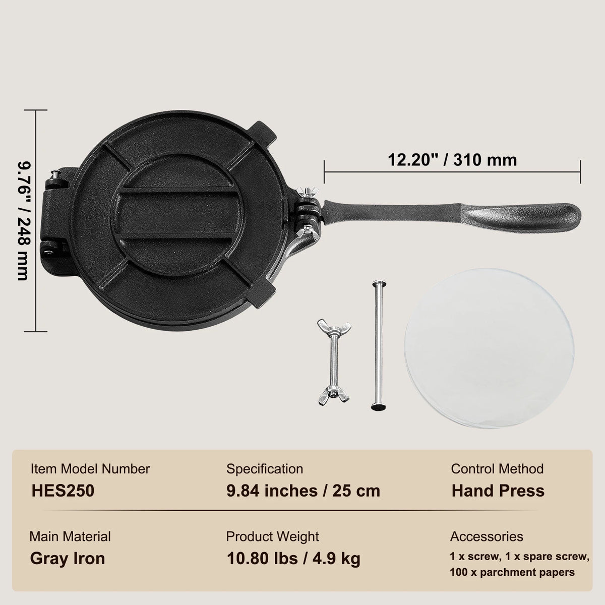 VEVOR Cast Iron Tortilla Press Heavy Duty Dough Maker