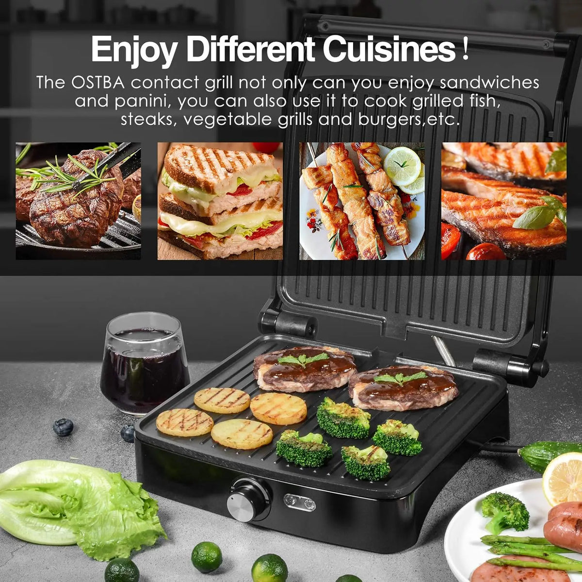 Ostba 1200W Panini Press Indoor Grill With Adjustable Temperature